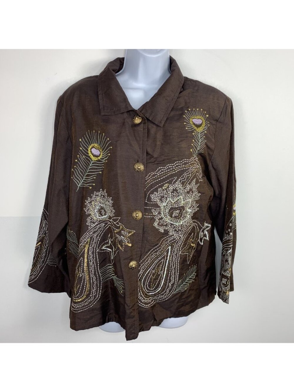 VINTAGE Indigo Moon Womens Blazer Sz L Brown Button Front Feather Embroidery NEW